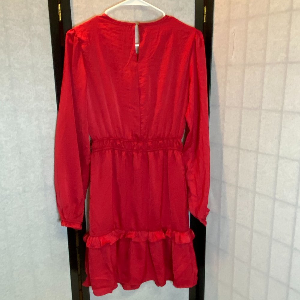 Knox Rose Red Satin Ruffled XS Mini Dress Gathered Scoop Neck Long Sleeve NEW - Picture 2 of 8